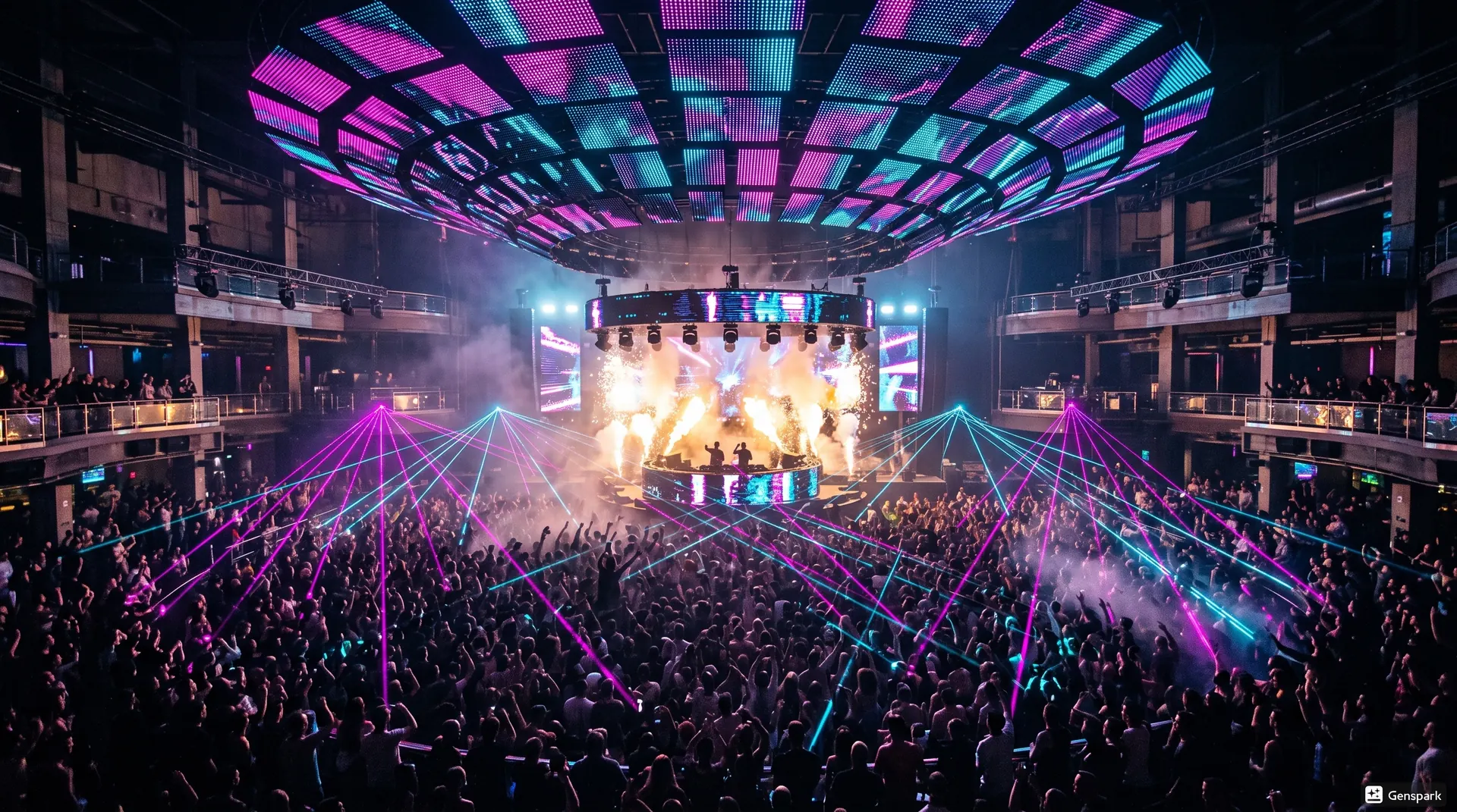 Interior de discoteca de lujo ECLYPSE con luces láser y ambiente futurista